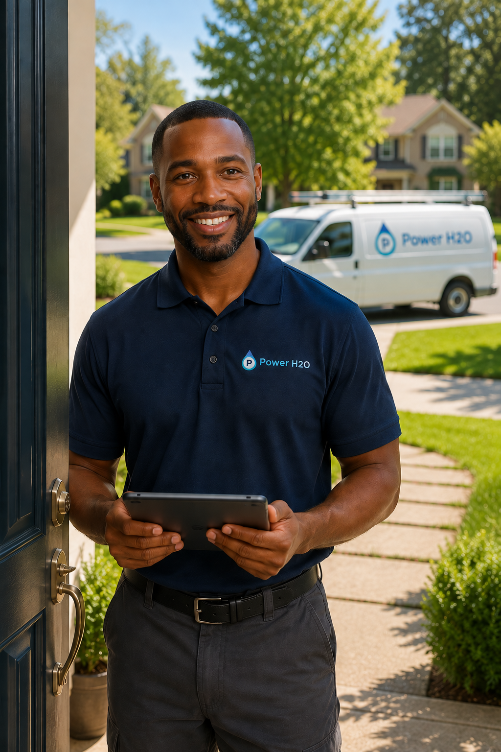 A Power H2O crew member greeting a customer at their door