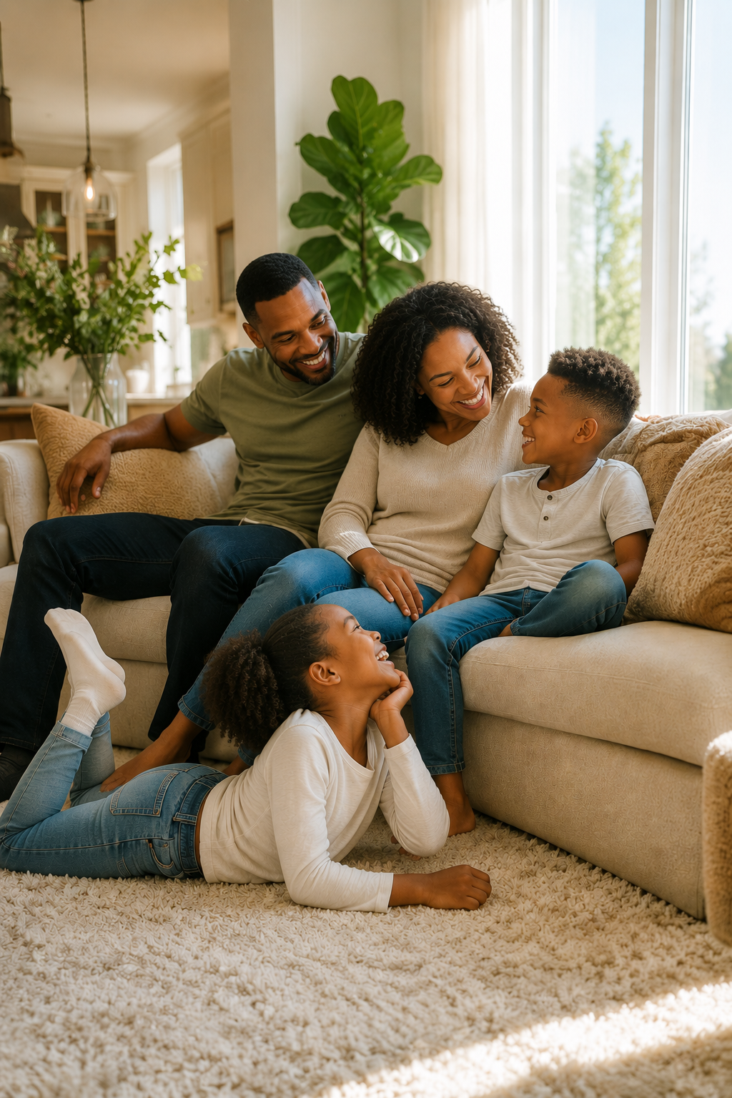 A happy Atlanta family relaxing together on their freshly cleaned carpet
